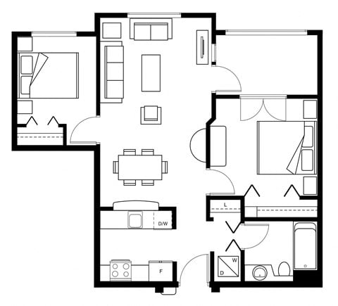 Floor plan for 2 beds, 1 bath